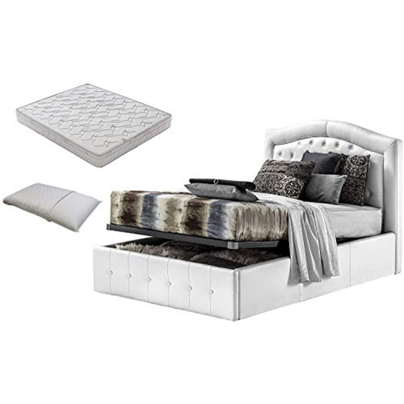 SARDAMATERASSI-Letto piazza e mezza con box contenitore bianco designe + materasso piazza e mezza 120×190 memory foam+coppia guanciali in fibra 3D
