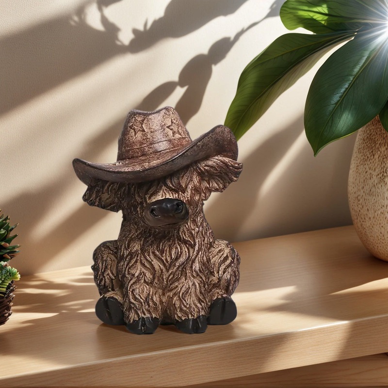Highland Cow with Cowboy Hat Resin Statue – Rustic Farmhouse Garden Decor