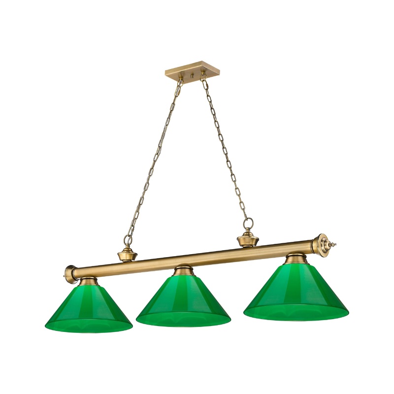 Cordon 3-Light Billiard Rubbed Brass Cone Green Plastic