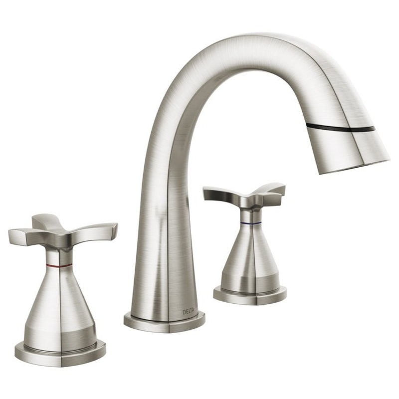 Lavatory Faucet Stryke Widespread 4-16 Inch Spread 2 Helo ADA WaterSense Lumicoat Stainless 1.2 Gallons per Minute Metal Pop-Up 3 Hole Diamond Seal Technology
