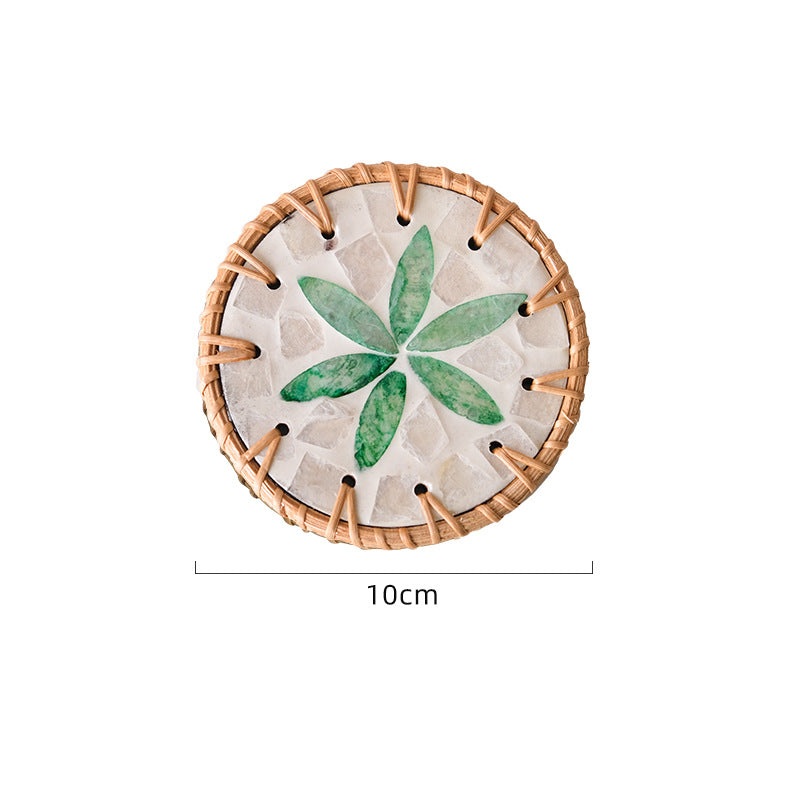 4 Pcs Beige Background With Green flower Handcrafted Rattan Coaster with Natural Shell Inlay – Decorative & Heat Insulating Drink Mat