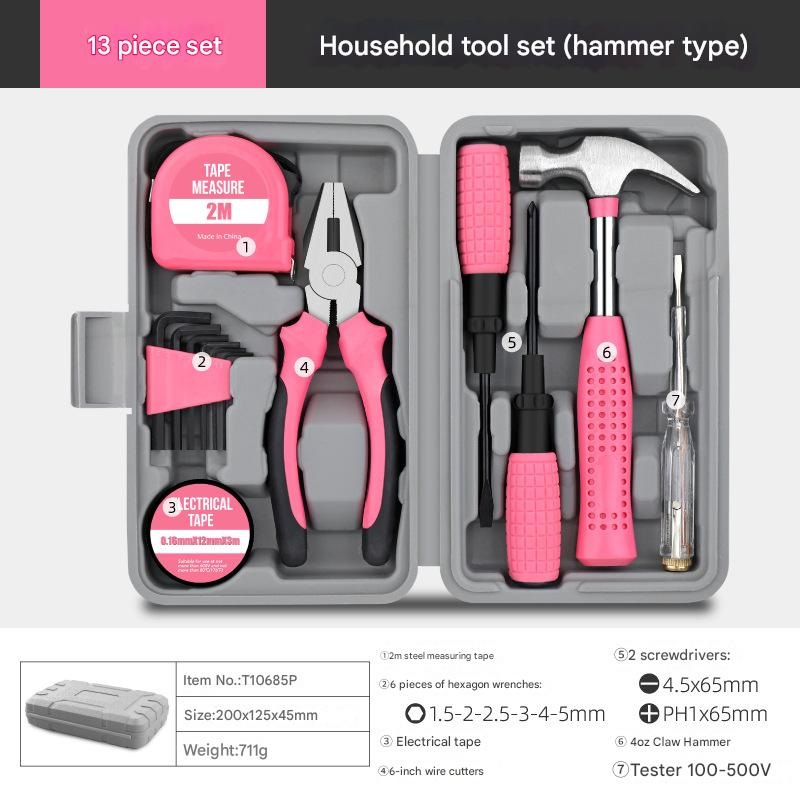 13-Piece Essential Household Tool Kit – Compact Home Repair & DIY Set with Storage Case(pink)