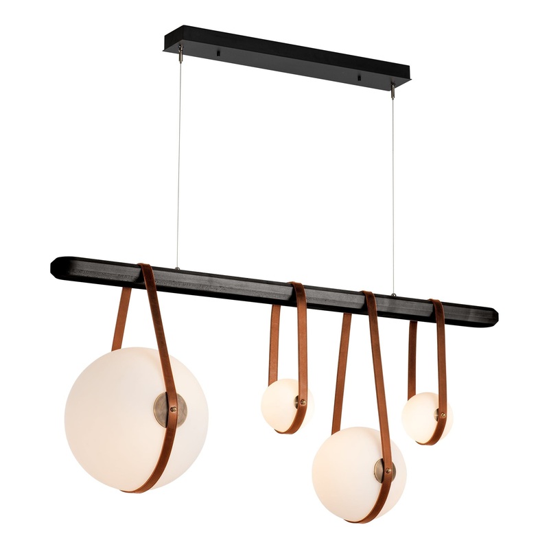 Derby Linear 4-Light LED Pendant Black Antique Brass with Chestnut Leather Black Wood