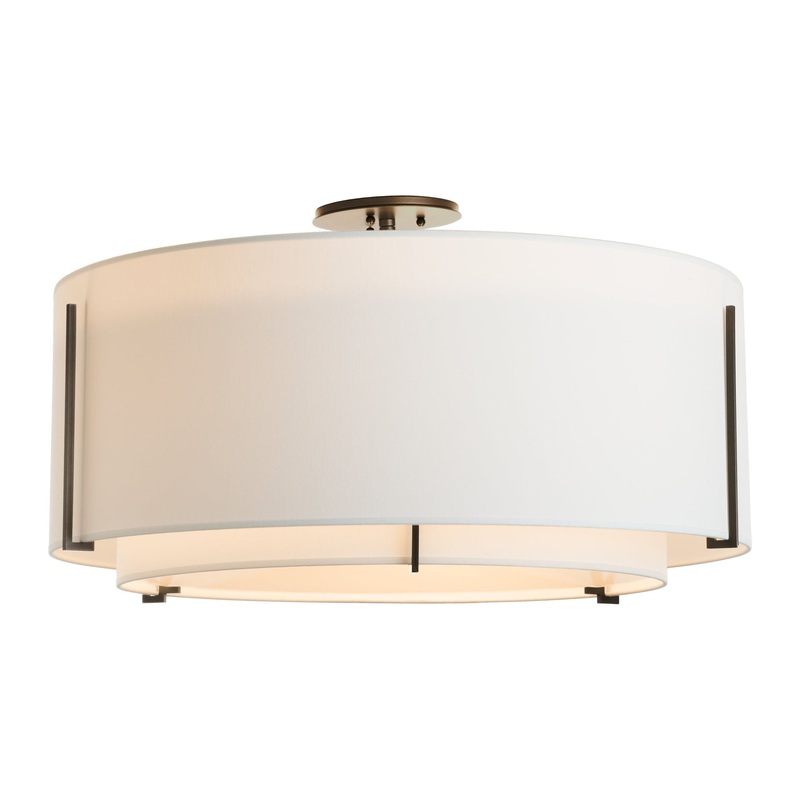 Exos Large Double Shade Semi-Flush Oil Rubbed Bronze Natural Anna Inner Shade & Natural Anna Outer Shade