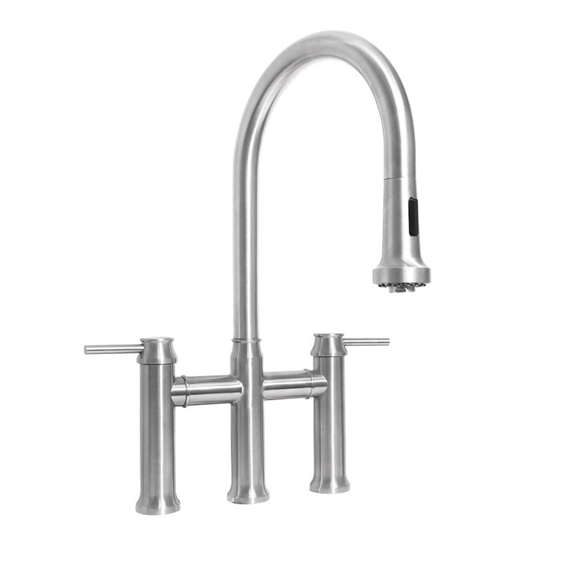 Waterhaus Lead-Free Solid Stainless Steel Bridge Faucet with a Gooseneck Swivel Spout, Pull Down Spray Head and Solid Lever Handles