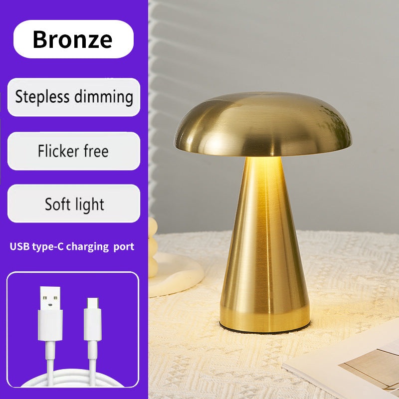 Bronze Metal Mushroom Table Lamp – Rechargeable Touch Control Ambient Light with Remote