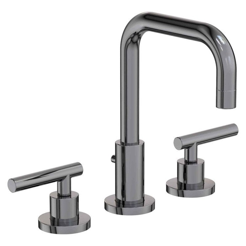 Lavatory Faucet East Square Widespread 8 to 20 Inch Spread 2 Lever ADA WaterSense Midnight Chrome 1.2 Gallons Per Minute Brass Pop-Up with Tailpiece Spout Reach 6-1/8 Inch