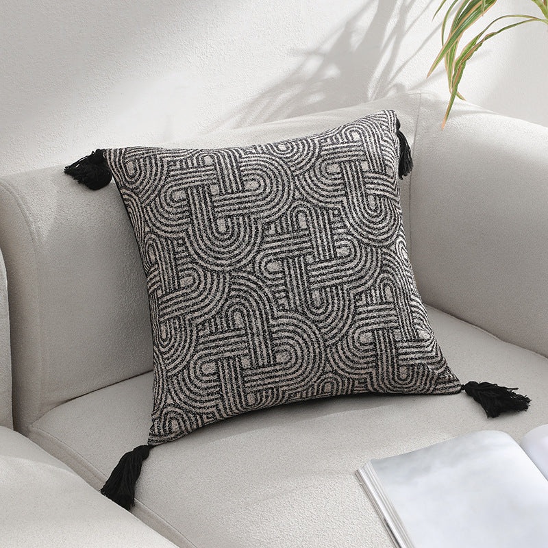 Black Chic Geometric Jacquard Cushion Covers with Tassels – Set of 2, Plush Blend for Sofa & Bed Decor (45x45cm, Insert Not Included)