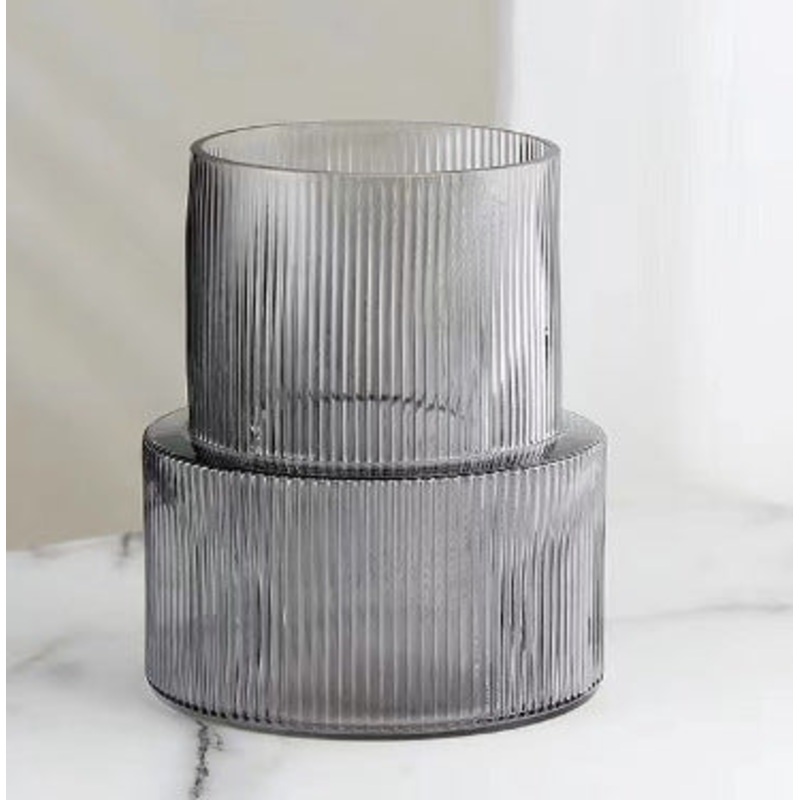 Grey Modern Two-Tier Ribbed Glass Vase – Elegant Cylindrical Flower Centrepiece for Home Decor