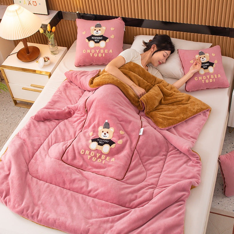Pink Padded Thickened Hat Bear 2-in-1 Foldable Car Pillow Blanket – Cozy 40x40cm Pillow, Unfolds to 100x150cm Blanket for Travel and Office Naps