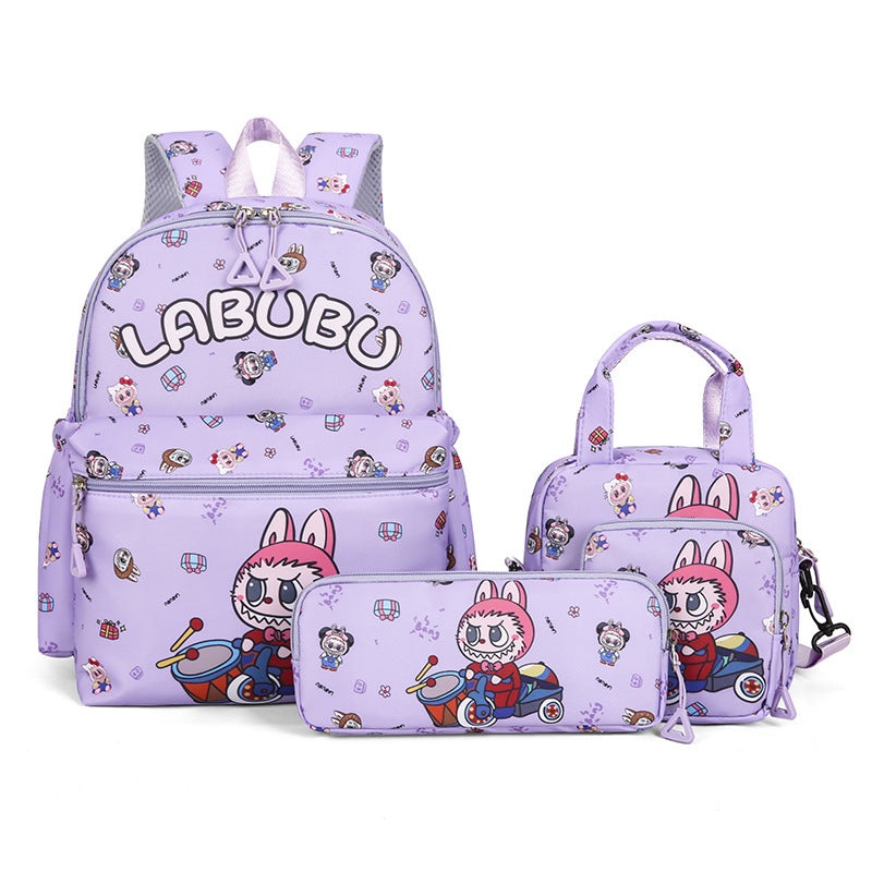 Kids Cartoon Character 3-Piece Backpack Set – Lightweight School Bag with Lunch Bag & Pencil Case(Purple)