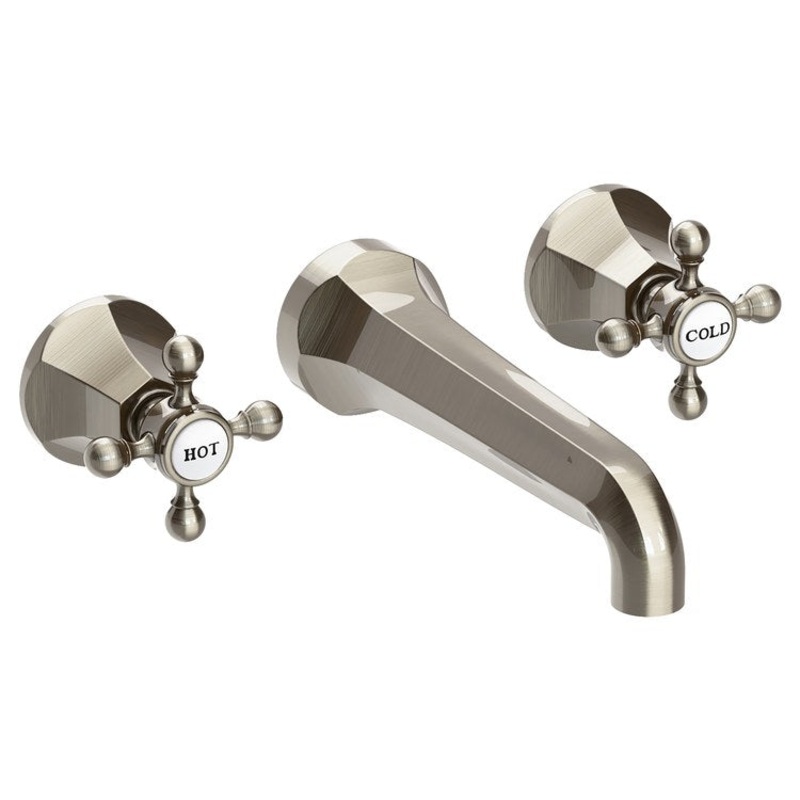 Lavatory Faucet Metropole Wall Mount 8 Inch Spread 2 Cross ADA WaterSense Antique Nickel 1.2 Gallons Per Minute Brass Less Drain Spout Reach 7-1/2 Inch