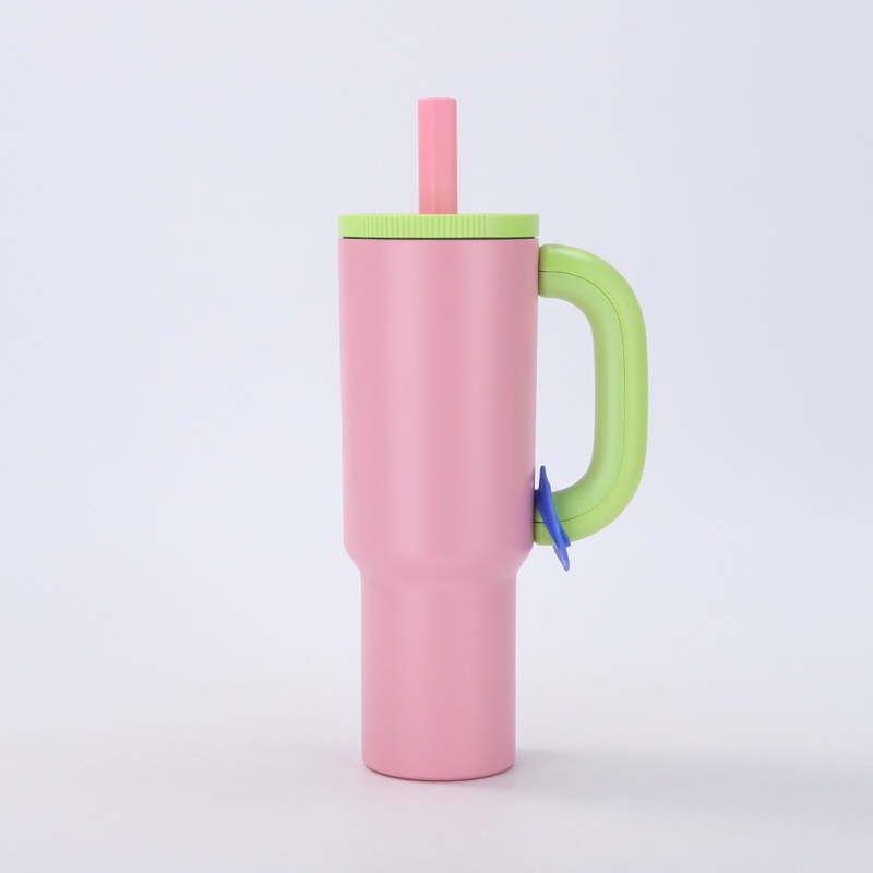 Pink 40oz Macron Stainless Steel Insulated Tumbler with Handle and Straw – 14.8 x 10.5 x 28 cm Large Capacity Car-Friendly Travel Mug