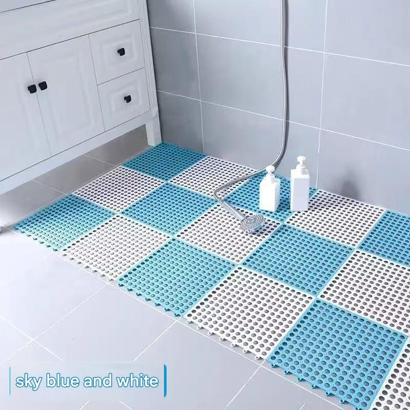 Sky Blue And White DIY Interlocking Non-Slip Floor Tiles – 12-Pack PVC Drainage Mat for Shower & Bathroom Safety