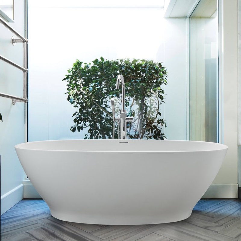 Soaking Tub Alissa 66.25 x 35.75 Inch Freestanding Center White Matte Sculpturestone 95 Gallons 22-3/4 Inch
