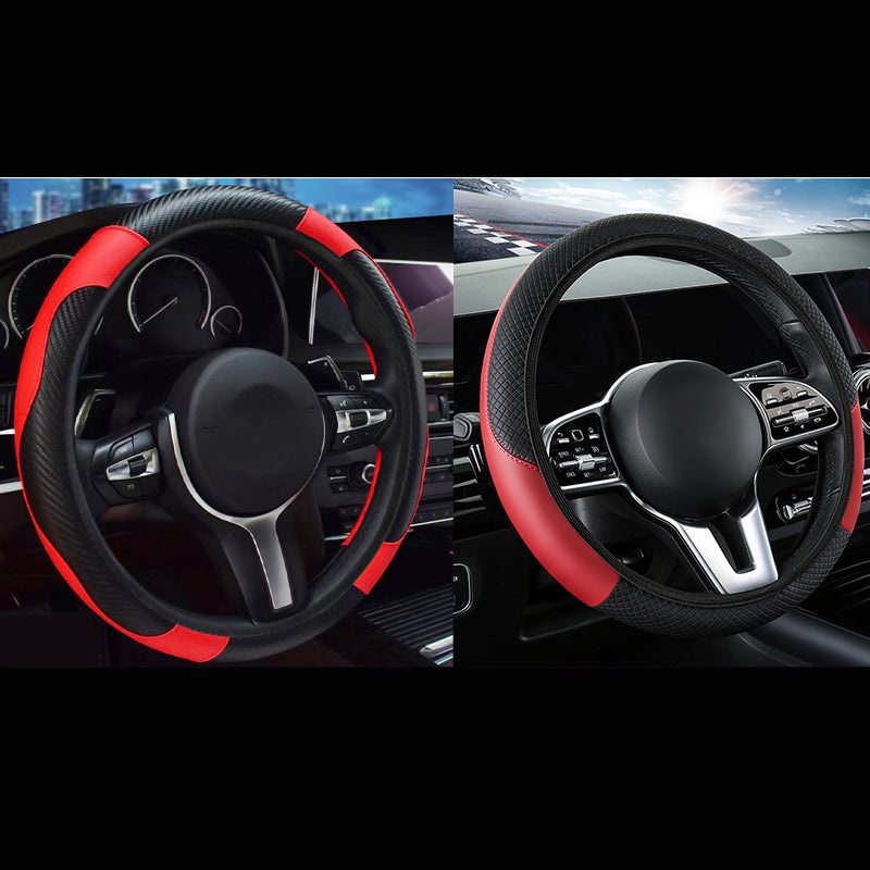 2-Pack (Type A + Type B) Red And Black Sporty Carbon Fiber Leather Steering Wheel Cover – Universal 38cm Easy-Fit Elastic Grip