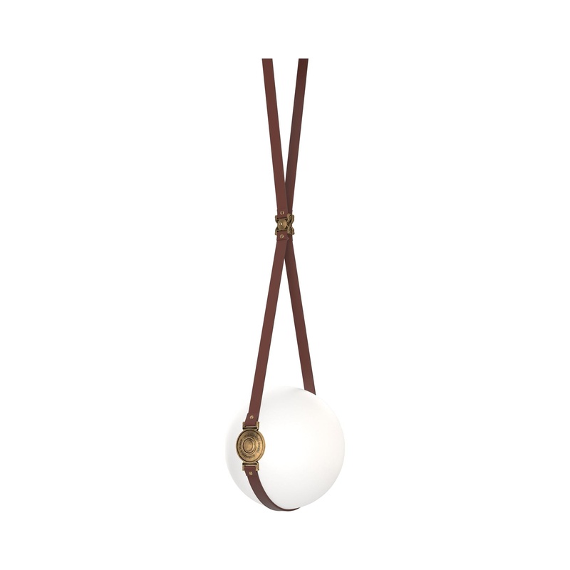 Derby Small LED Pendant Black Antique Brass with British Brown Leather Hubbardton Forge Branded Plate