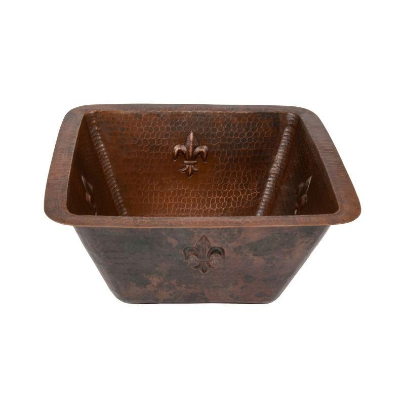 Premier Copper Products BS15FDB3 15″ Square Fleur De Lis Copper Bar/Prep Sink w/ 3.5″ Drain Size Oil Rubbed Bronze Copper 15″