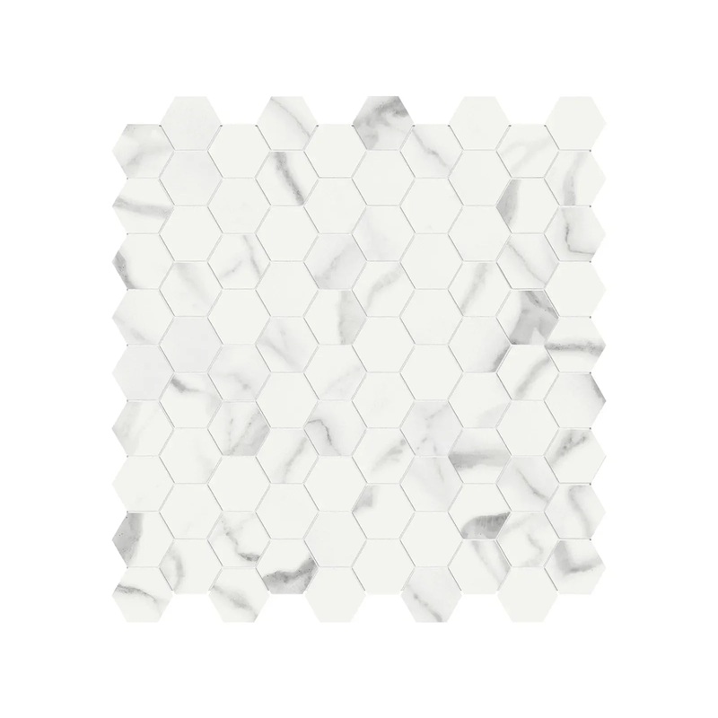 1.25 Inch Mayfair Statuario Venato Polished Porcelain Hexagon Mosaics. 1 Sheet = .97 Sq. Ft. 1.25″