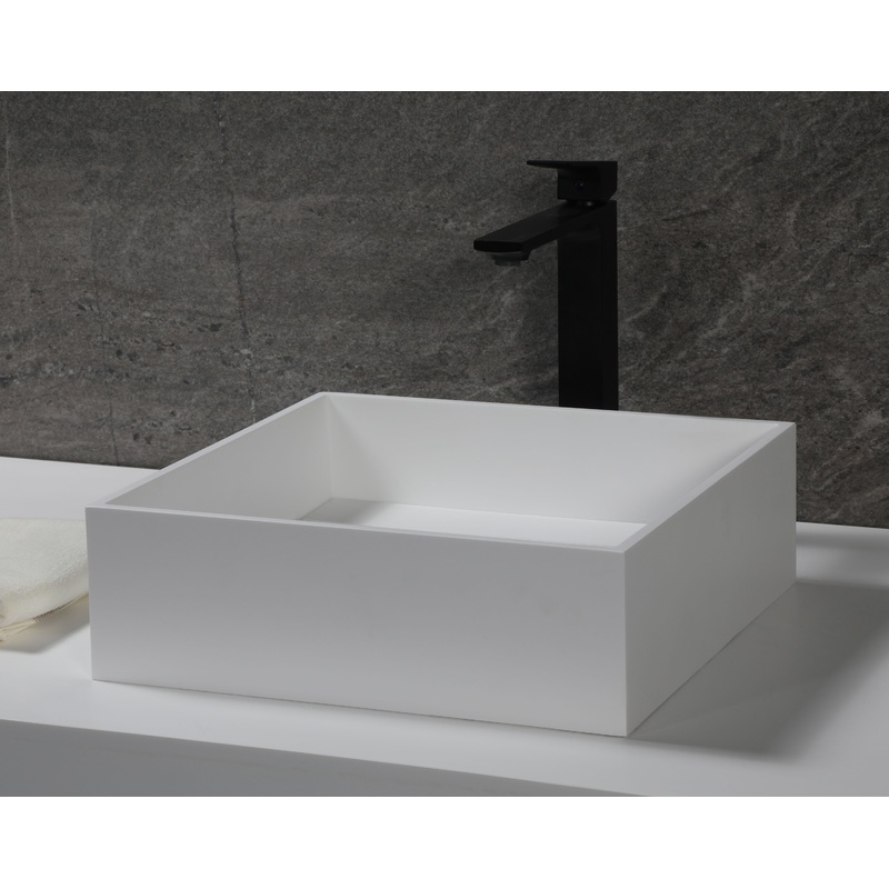 14″ Square White Matte Solid Surface Resin Sink