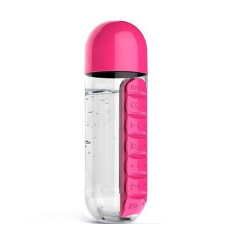 2pc 2-in-1 Water Bottle with 7-Day Pill Organizer – 600ml BPA-Free, Portable & Leakproof(Rose)