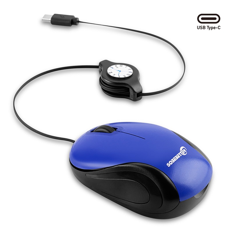 Blue and Black Portable Mini USB-C Mouse with Retractable Cable – Silent Click Travel Mouse for Laptop, MacBook, Tablet