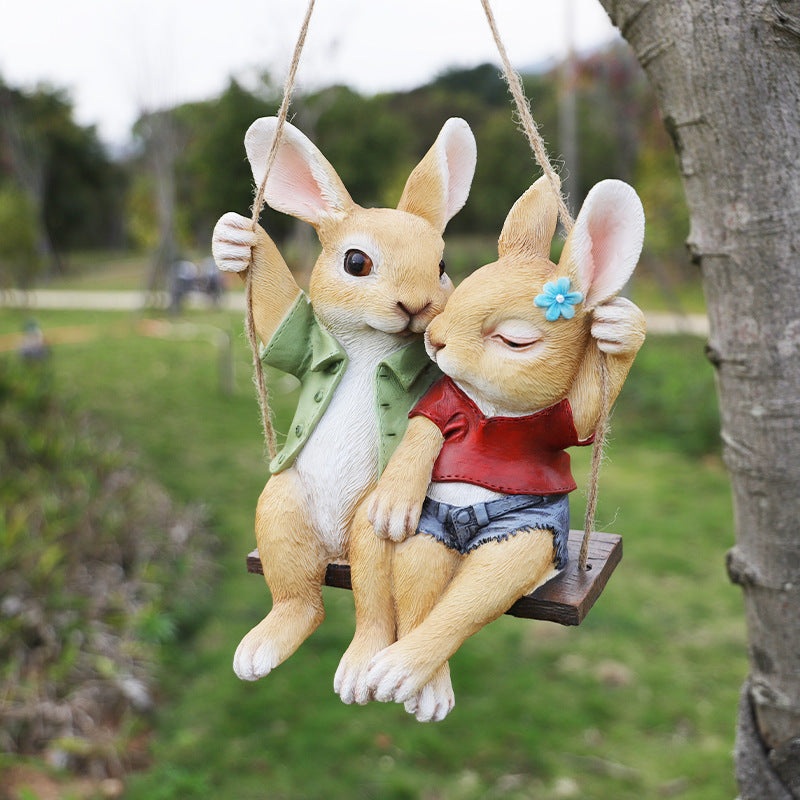 Cartoon Rabbit Couple Swing Garden Ornament – Charming Resin Decor