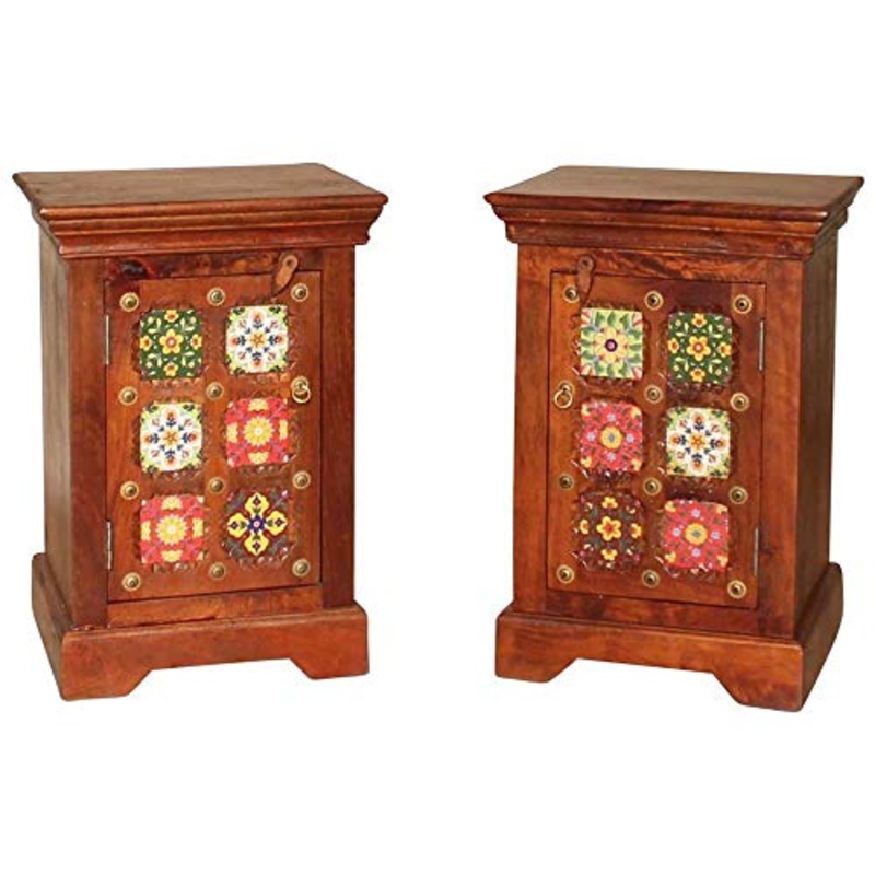 ETNIC ART – Set di due comodini indiani in legno e ceramiche-45x65x38- – Mobili etnici artigianali
