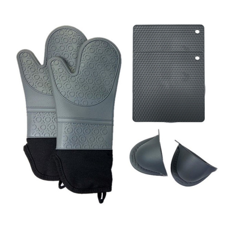 Dark Grey Set BPA-Free Non-Slip Silicone Oven Mitts – Heat Resistant Gloves with Honeycomb Pattern for Kitchen Safety