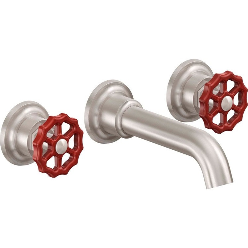 Lavatory Trim Descanso Works Vessel Wall 2 Red Wheel Antique Nickel Flat Spout Reach 6-5/16 Inch 1.2 Gallons per Minute