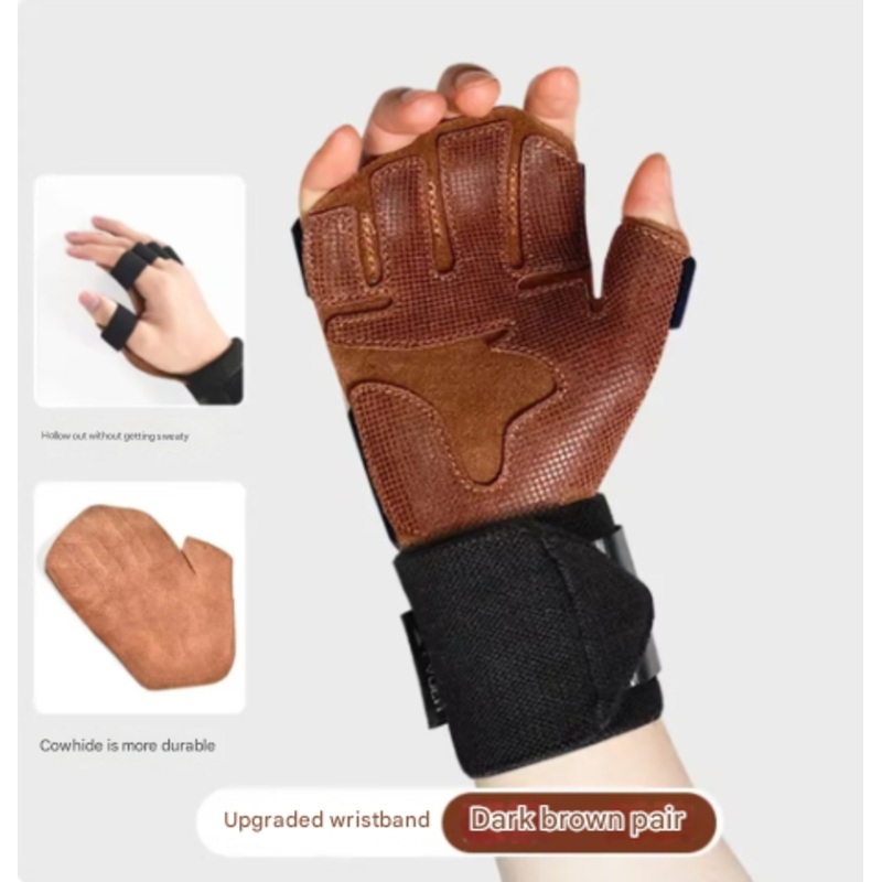 Size M Dark Brown Premium Cowhide Leather Weightlifting Gloves with Wrist Support – Non-Slip Grip, Breathable Fitness Workout Gloves for Gym, WODs, Dumbbells