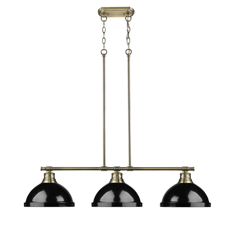 Three Light Linear Pendant from the Duncan Collection in Aged Brass Finish by Golden