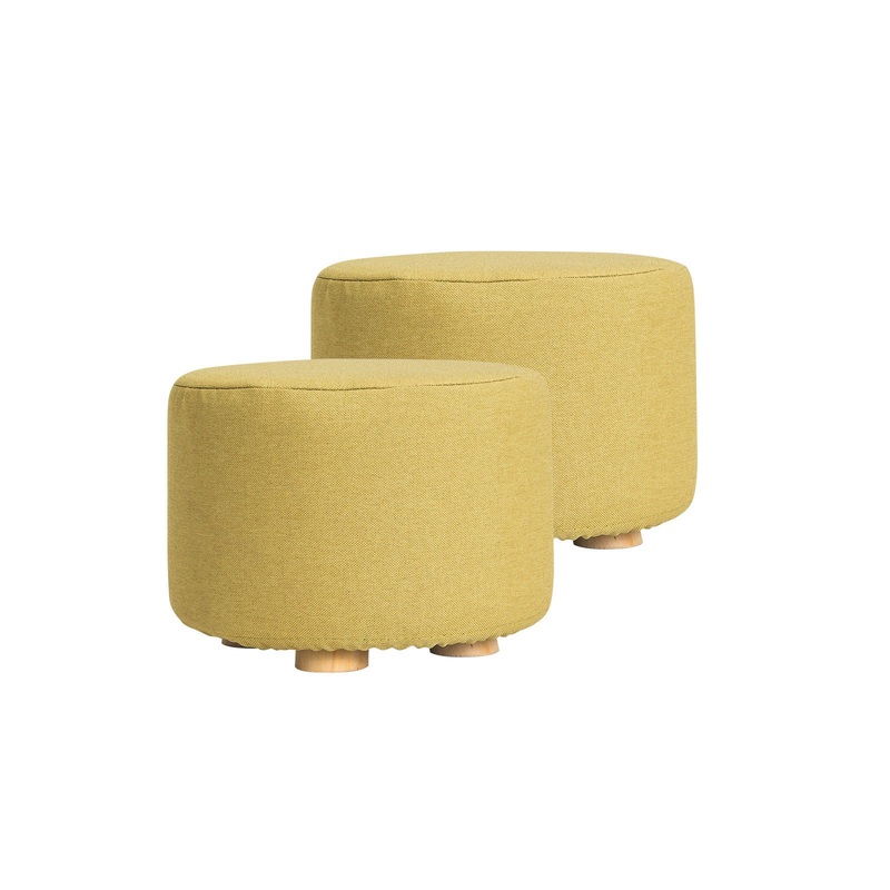 2X Fabric Ottoman Round Wooden Leg Foot Stool – Mustard Yellow