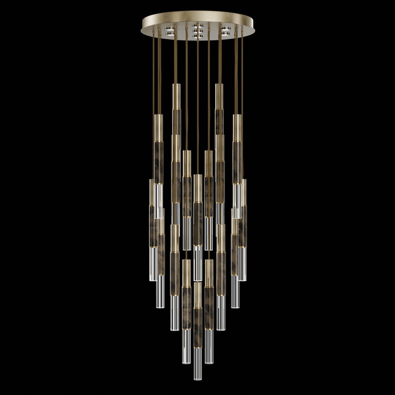 Antonia 31″W Round Pendant Soft Gold Leaf/Brass/Charcoal