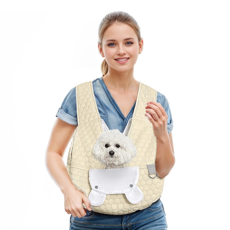 Beige Cozy Quilted Pet Carrier Backpack – Front Pack Sling for Cats & Small Dogs – Travel & Outdoor