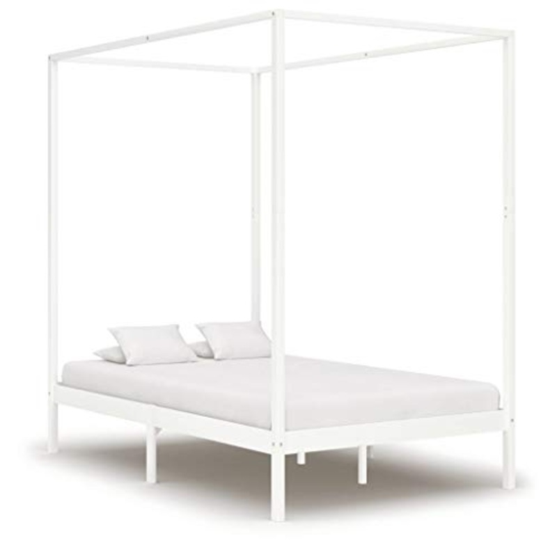 BIGTO – Struttura letto a baldacchino in legno di pino massiccio, per camera da letto, colore: bianco, 140 x 200 cm