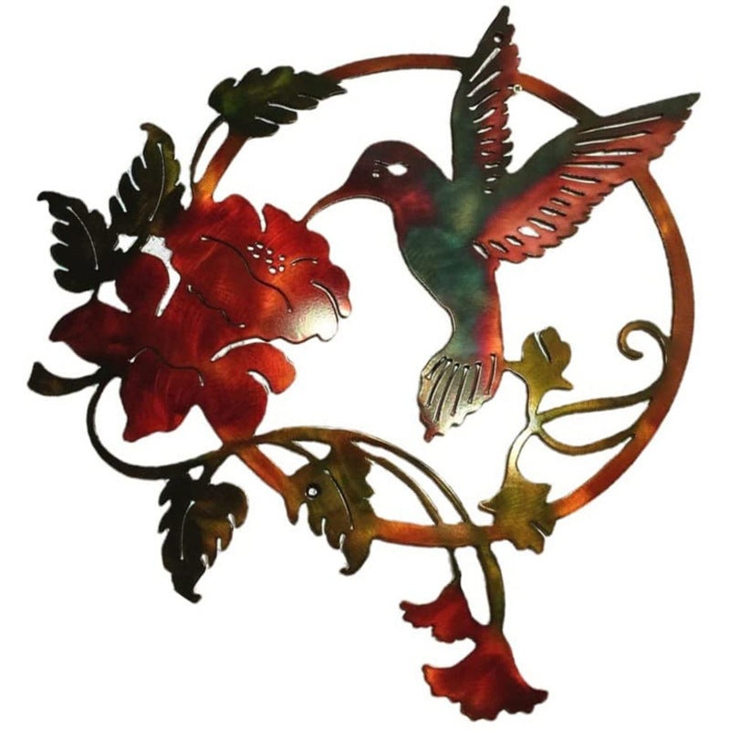 Red Set of 2 Round Metal Wall Art – Hummingbird & Flower Sculpture for Indoor & Outdoor Decor