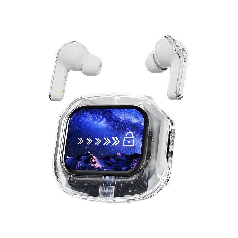 White Smart TWS Earbuds with Full-Color LCD Touchscreen Case – Bluetooth 5.4, HiFi Stereo & ENC Noise Cancelling