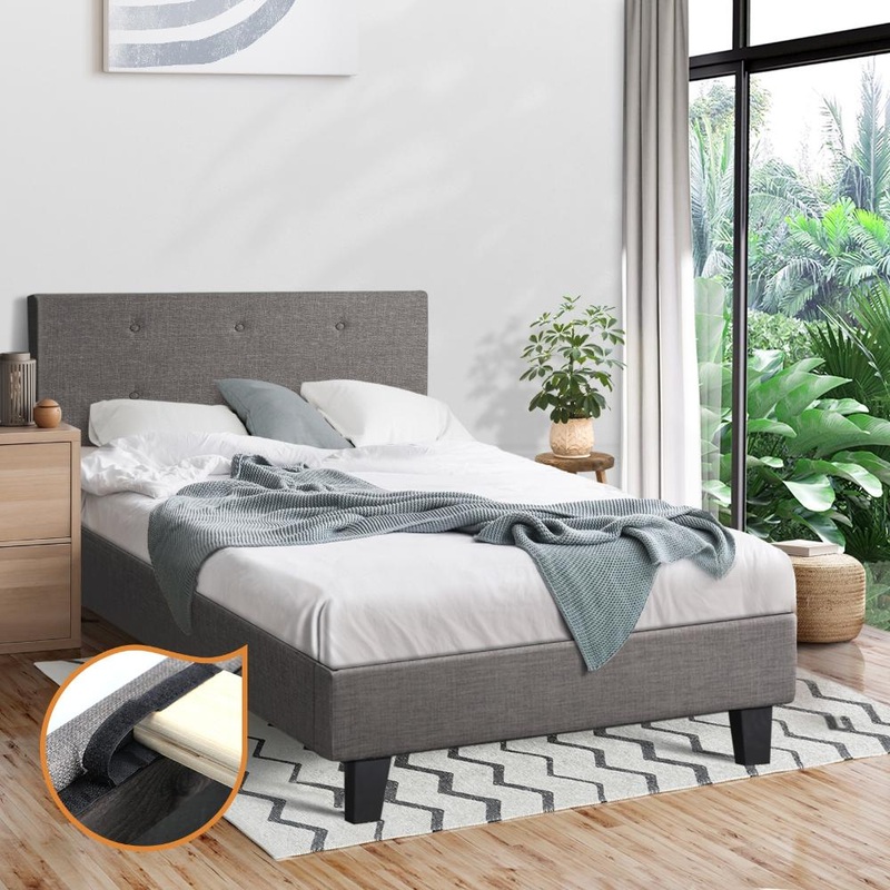 Bed Frame Single Size Wooden Fabric Grey
