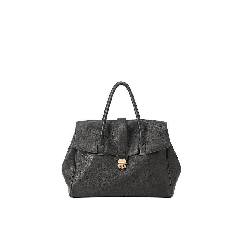 Size L Black Elegant Women’s Leather Briefcase Tote – Vintage Style Large Capacity Commuter Handbag – Premium Cowhide Leather