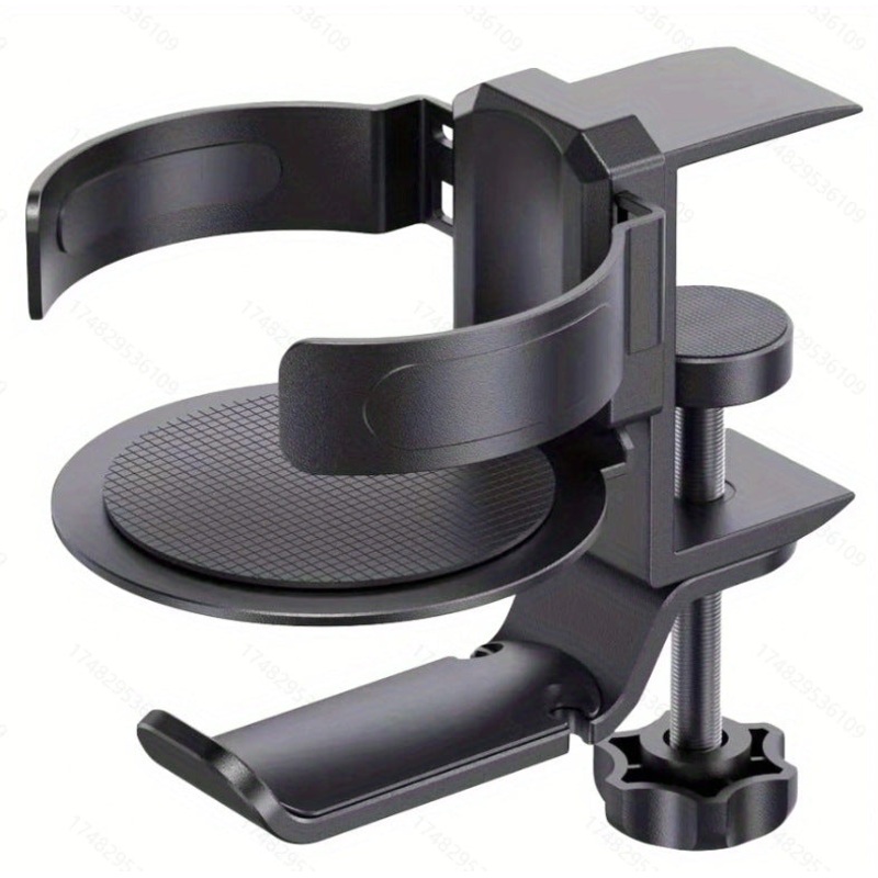 Two desktop clip-on cup holders and headphone hanger – adjustable, non-slip silicone, maximum load 15KG(black)