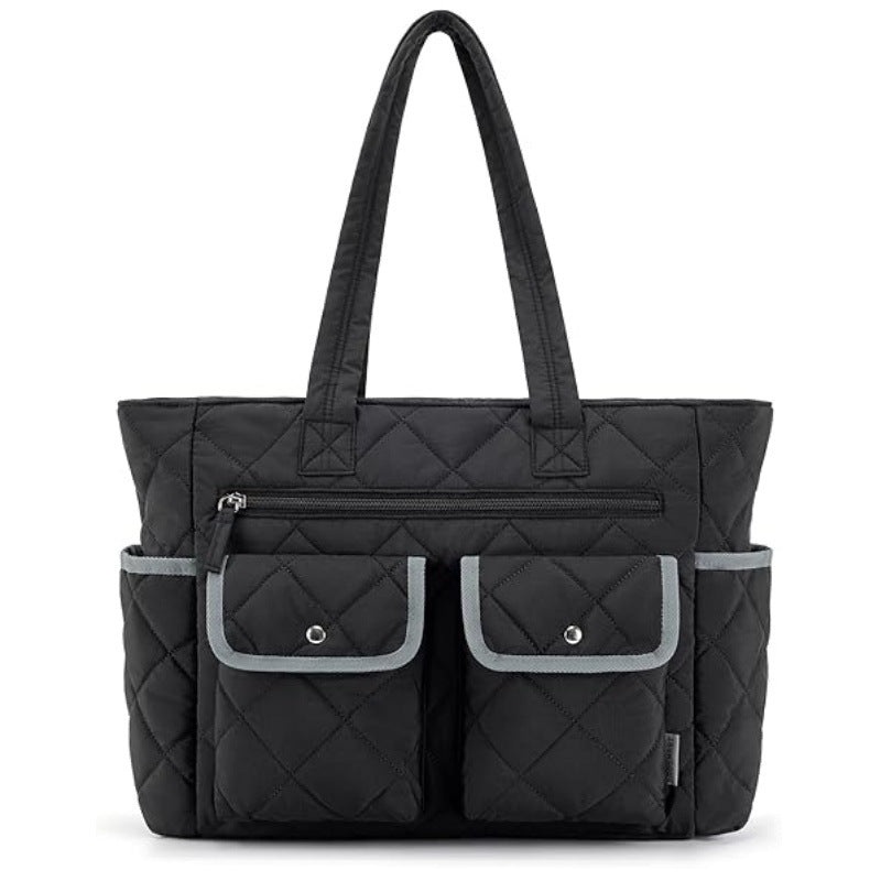 Black Women’s Multi-Pocket Tote Bag – Large Quilted Travel Handbag for Work, Gym, and More