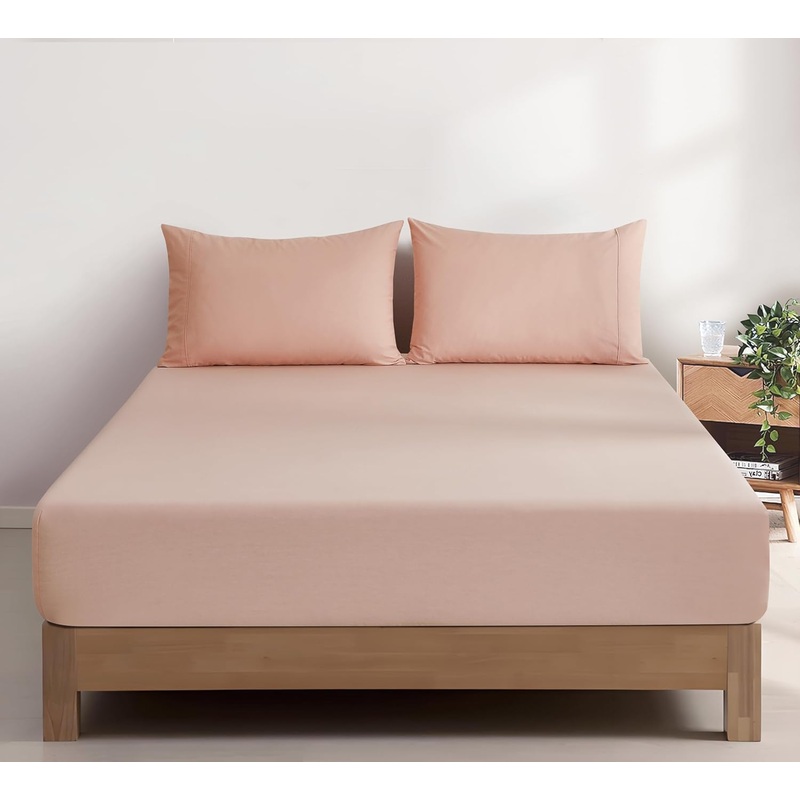 100% Vintage Washed Cotton Fitted Sheet Combo Set  100% Natural Cotton, Ultra Soft & Breathable  Includes Fitted Sheet & Pillowcases  Machine Washable (Pink, King Single)