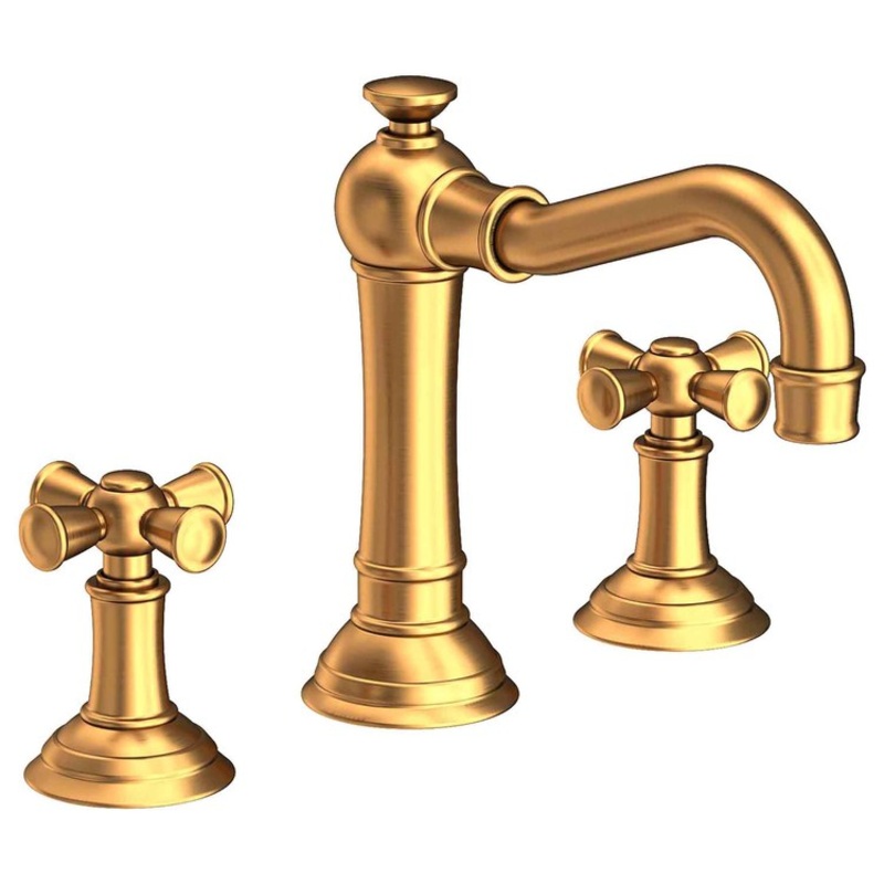 Lavatory Faucet Jacobean Widespread 8 to 20 Inch Spread 2 Cross ADA Satin Gold PVD 1.2 Gallons per Minute Brass Spout Height 4-13/16 Inch