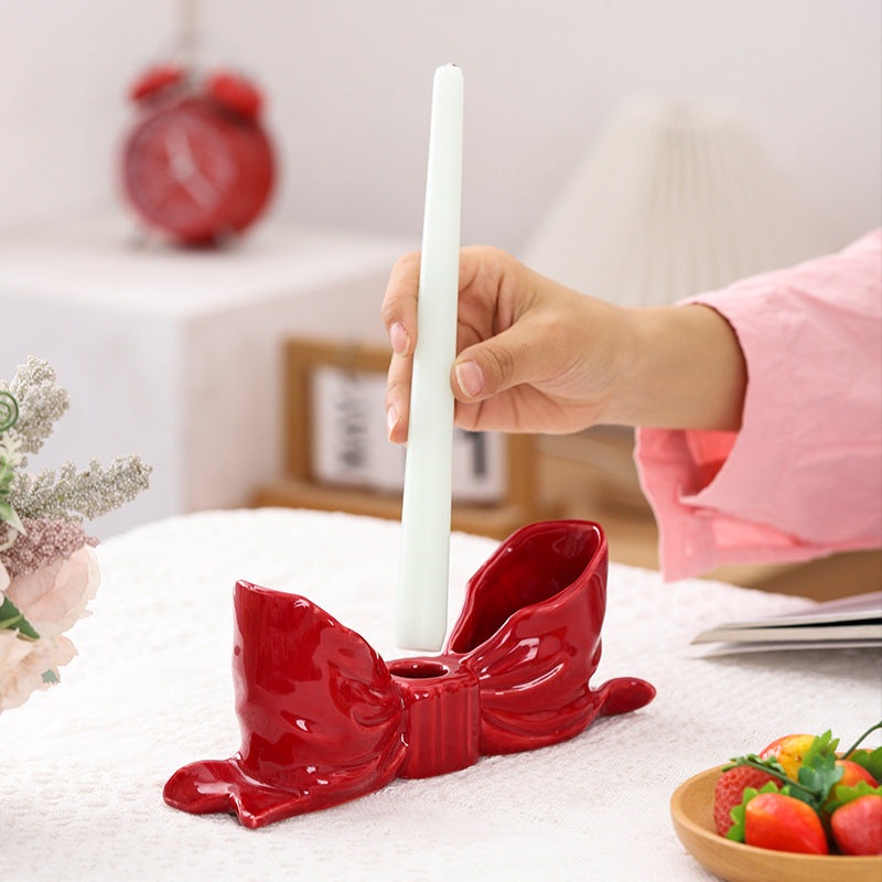 Red Elegant Ceramic Bow Taper Candle Holder – Stylish Tabletop Decor Accent