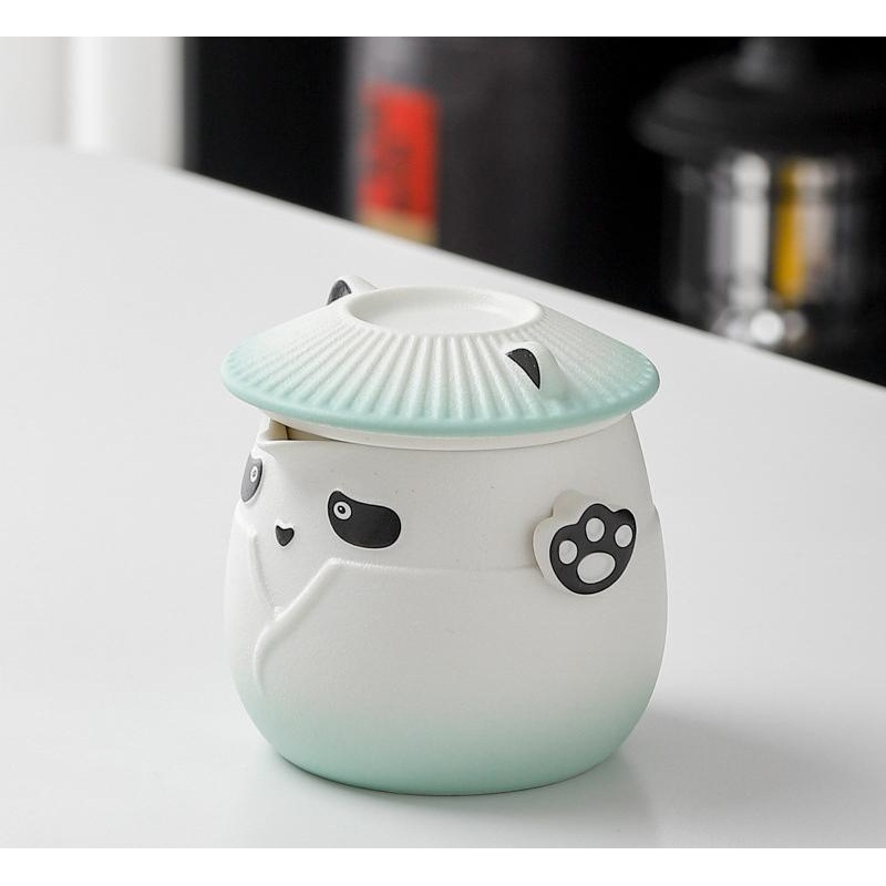 Adorable Panda Design Ceramic Tea Infuser Mug Set – 310ml Travel Crackle Glaze Cup with Lid & Strainer(green)