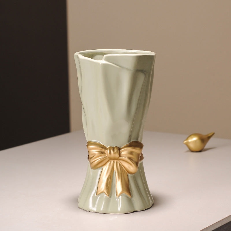 Green Elegant Ceramic Vase with Golden Bow Accent – Textured Relief Flower Holder for Living Room & Dining Table Decor