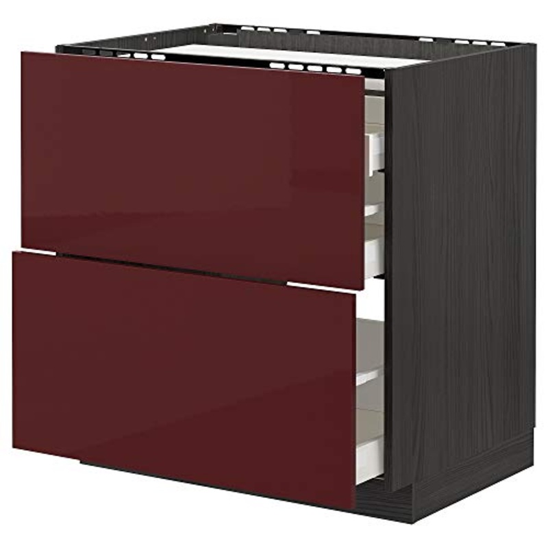 METOD/MAXIMERA base cabina f piano cottura/2 frontali/3 cassetti 80×61.6×88 cm nero Kallarp/rosso scuro lucido-marrone