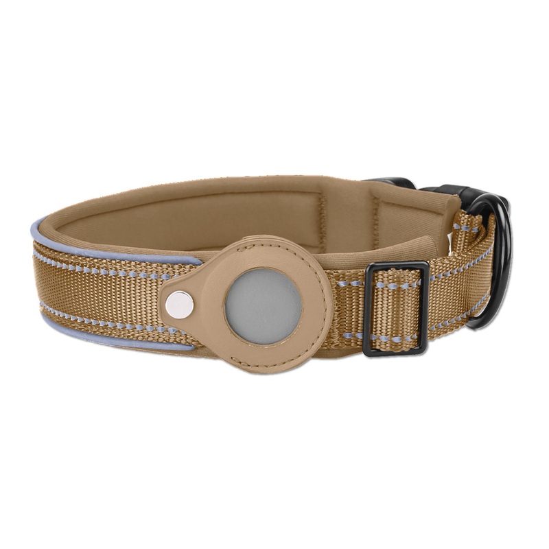 XL Khaki Secure Nylon Dog Collar with Built-in Apple AirTag (not included) Holder Case – Pet Tracker Accessory