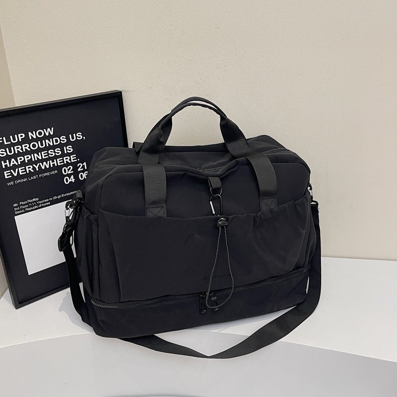 Black Large Capacity Travel Bag with Wet/Dry Separation – Canvas + Polyester, Lightweight Handbag for Short Trips and Fitness, Fits on Luggage